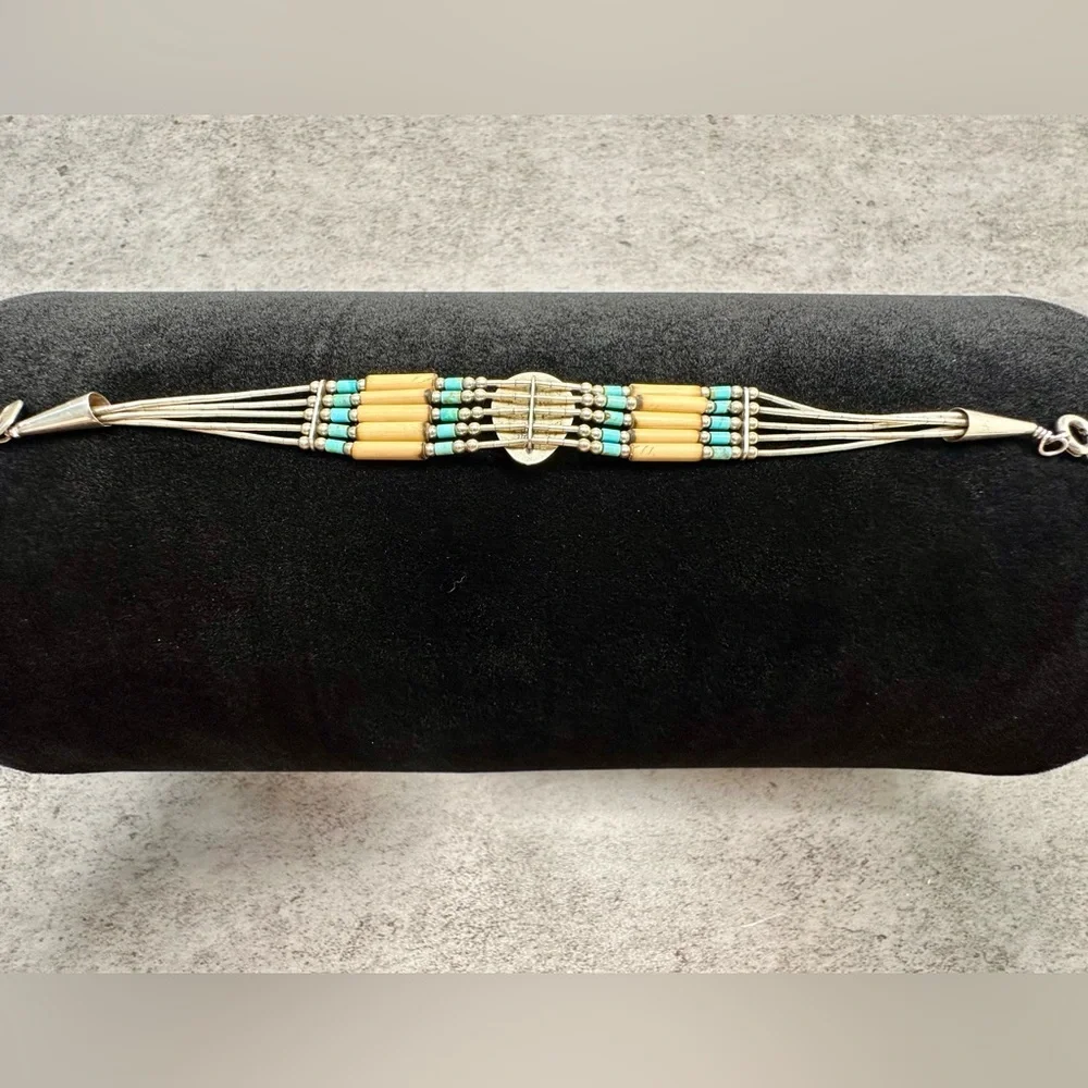 Sterling Silver Turquoise Bear Paw Bracelet | Native American Southwestern | 8” - Picture 3 of 5